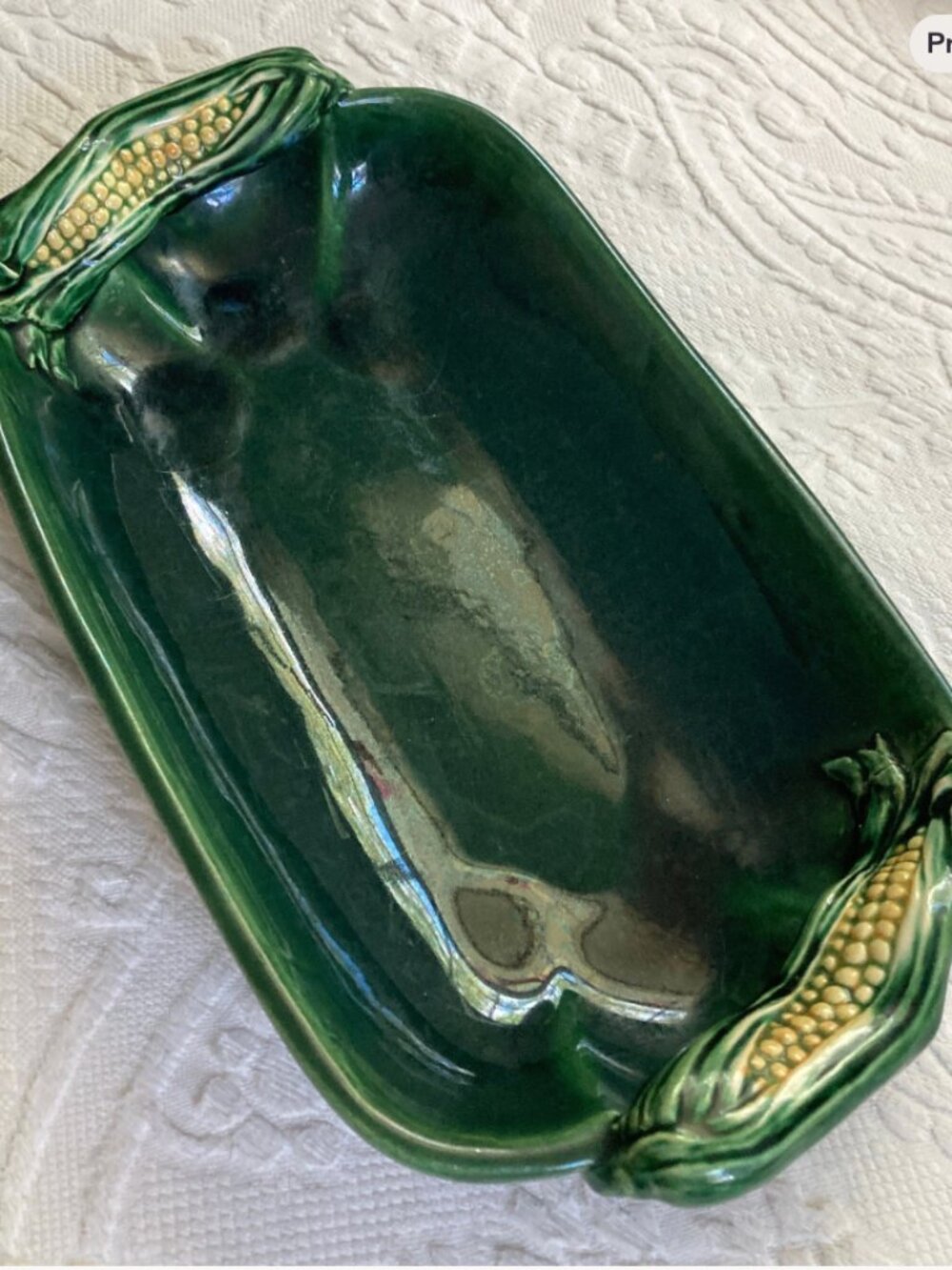 vintage dark green majolica corn dish